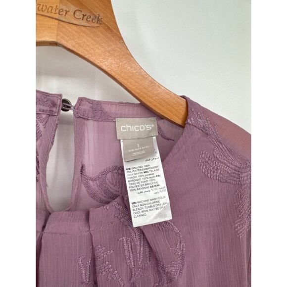Chico’s 1 Tonal Embroidery Crinkle Top Women’s Size medium semi sheer lavender - Picture 3 of 6